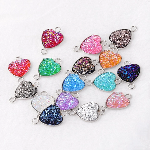 Heart Shape Jewelry Connector Pendants Stainless Steel Glitter Resin Double Loop DIY Crafting Accessories Multi Color