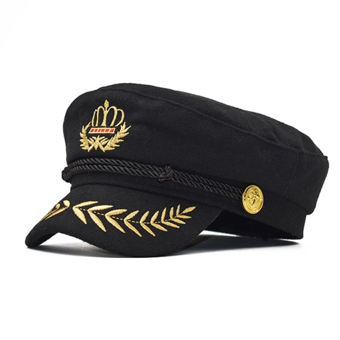 Wool Naval Captain Hat For Women Men Gold Crown Embroidery Sailor Performance Flat Top Military Beret Cap Retro Marine Style