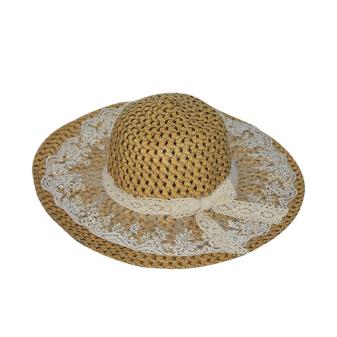 Women Kids Straw Sun Hat Wide Brim Lace Floral Bowknot Summer Beach Vacation Breathable Woven Accessory