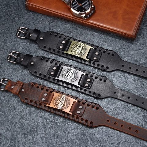 Viking Leather Bracelet Retro Nordic Valknut Rune Cowhide Alloy Metal Wristband Punk Ethnic Adjustable For Men Women