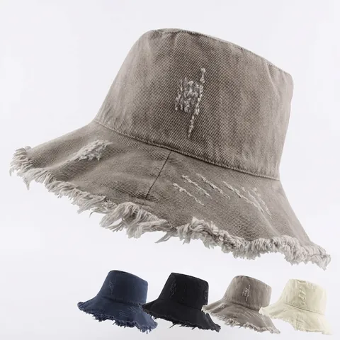 Cappello Alla Pescatora Cotone Denim Bordi Sfilacciati Fori Protezione Solare Pieghevole Tesa Larga Casual Esterno Vintage Donne