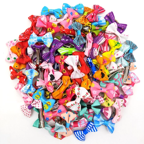 Pet Hair Bows Clips Grosgrain Ribbon Mini Colorful Floral Polka Dot Assorted Patterns Small Dogs Cats Grooming Accessory