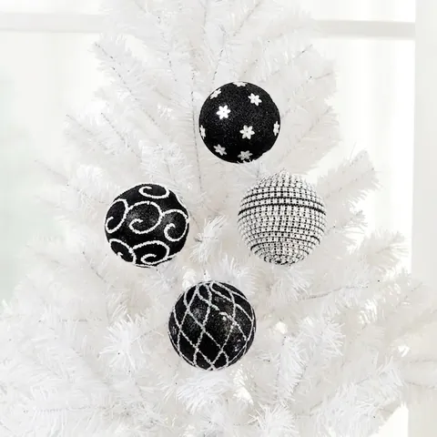 Palline Di Natale Schiuma Nero Glitter Motivi Dipinti Decorazioni Da Appendere Albero Fiocco Di Neve Spirale Elegante Festivo