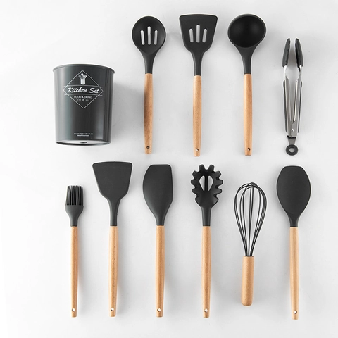 Utensili Da Cucina In Silicone Strumenti Da Cucina Manico In Legno Resistente Al Calore Antiaderente Spatola Cucchiaio Frusta Pinza Pennello