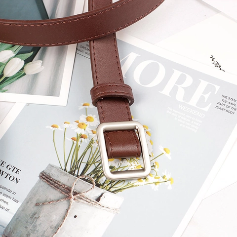 Womens Simple Belt Faux Leather PU Strap Alloy Square Pin Buckle Retro Slim Waistband For Jeans Dresses