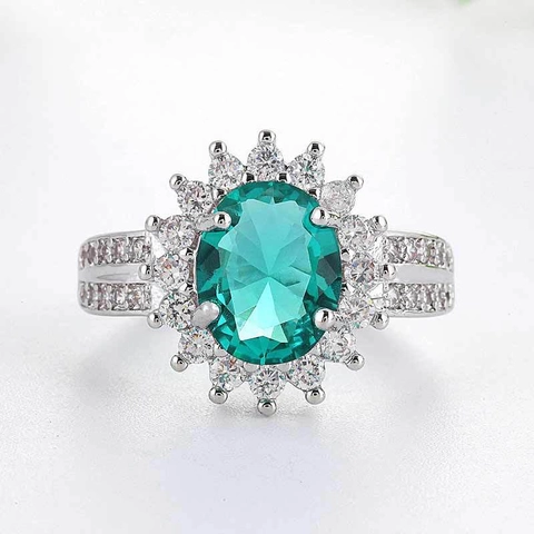Women Engagement Ring Copper Green Oval Zircon Flower Halo Anniversary Gift Fashion Jewelry
