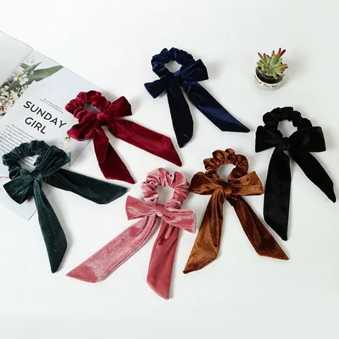 Velvet Bow Haargummi Scrunchie Mit Langem Band Elegant Vintage Elastischer Pferdeschwanz Halter Haarschmuck Frauen