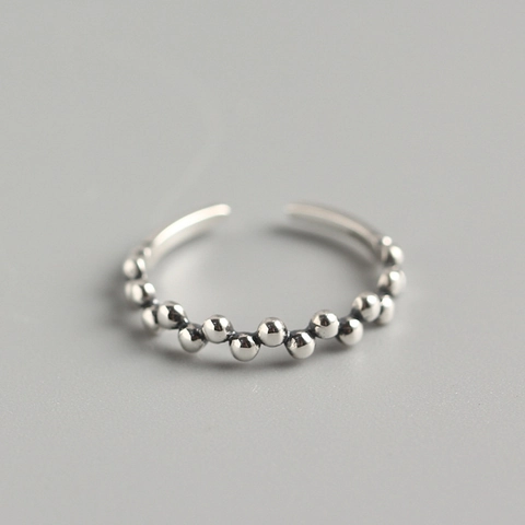925 Sterling Silver Beaded Open Ring For Women Minimalist Ball Chain Design Adjustable Vintage Style Jewelry