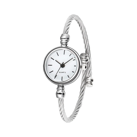 Damen Armreif Uhr Silber Edelstahl Gedrehtes Kabel Minimalistische Mode Quarz Armbanduhr Armband Schmuck
