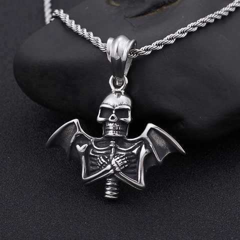 Ciondolo Teschio Ala Di Pipistrello Gotico Acciaio Inossidabile 316L Retro Punk Scheletro Gioielli Uomo