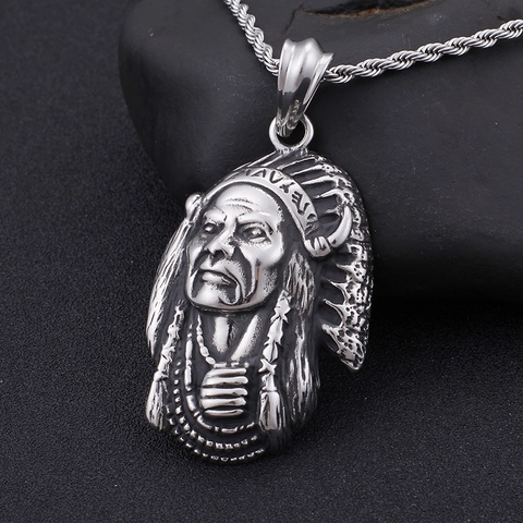 Pendentif Tête De Chef Indien Rétro Acier Inoxydable Vintage Charme Tribu Ethnique Pour Hommes Femmes Bijoux