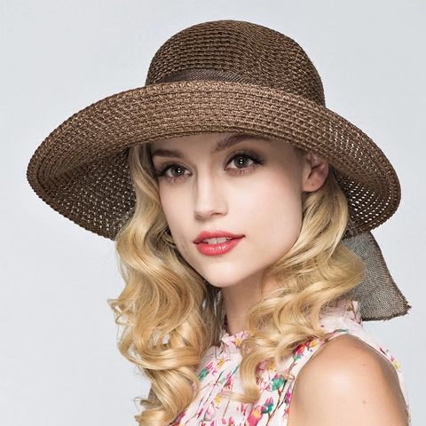 Cappello Da Sole In Paglia Da Donna Pieghevole Tesa Larga Con Fiocco Protezione UV Estate Spiaggia Elegante