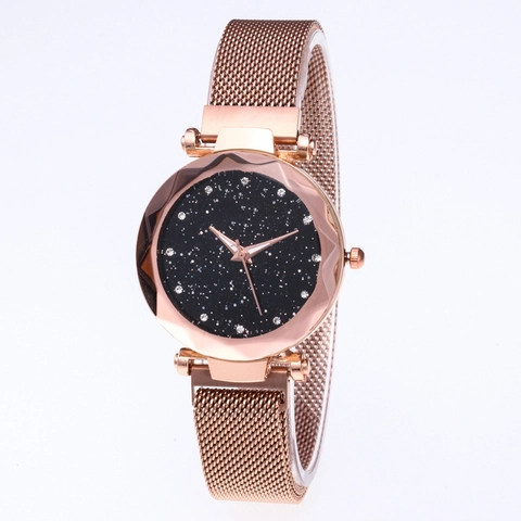 Reloj de Pulsera de Cuarzo de Moda de Cielo Estrellado para Mujer Correa de Malla Milanesa Magnética Escala de Strass Vidrio de Corte Geométrico Joyería Elegante