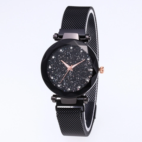 Reloj de Pulsera de Cuarzo de Moda de Cielo Estrellado para Mujer Correa de Malla Milanesa Magnética Escala de Strass Vidrio de Corte Geométrico Joyería Elegante