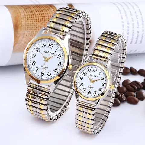 Quartz Watch Alloy Case Stainless Steel Elastic Stretch Strap Round Dial Arabic Numerals Analog Display Fashion Casual