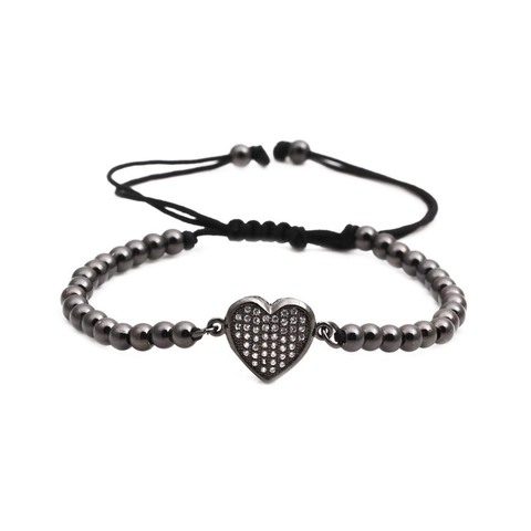 Elegante Pulsera Con Colgante De Corazón Con Circonitas Micro-pave Y Cuentas De Cobre Cuerda Tejida Ajustable Para Mujer