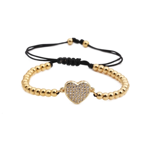 Elegante Pulsera Con Colgante De Corazón Con Circonitas Micro-pave Y Cuentas De Cobre Cuerda Tejida Ajustable Para Mujer