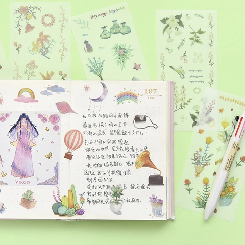 Decorative Stickers Watercolor Cartoon Washi PET Transparent For DIY Planner Diary Scrapbooking Aesthetic Journaling