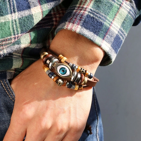 Pulsera Cuero Multicapa Aleación Girasol Mal De Ojo Pluma Cuentas Madera Ajustable Estilo Étnico Bohemio Vintage Unisex