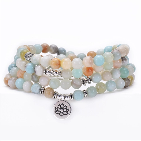 Amazonite Natural Stone Multilayer Mala Beads Wrap Bracelet Necklace With Lotus OM Tree Of Life Buddha Pendant Yoga