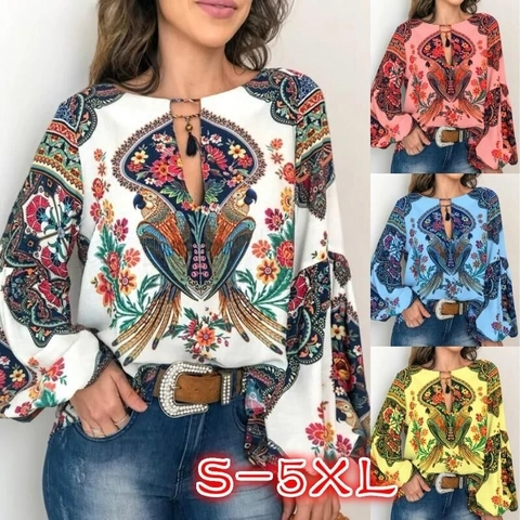 Bohemian Women Parrot Floral Print Chiffon Polyester Blouse Lantern Sleeve Tassel Tie Round Neck Loose Casual Vacation Top