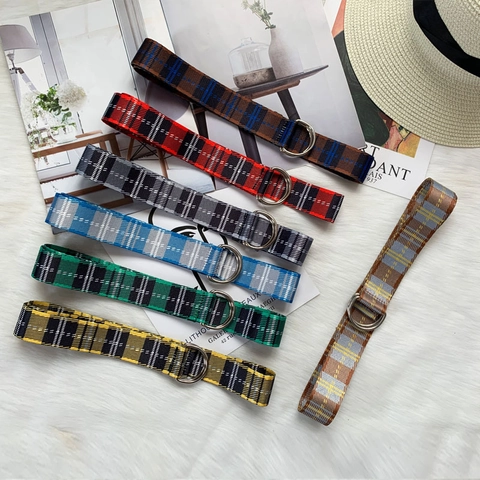 Cinturón De Lona A Cuadros Hebilla De Doble Anillo En D De Aleación Plaid Británico Tejido Casual Ajustable Mujeres Hombres
