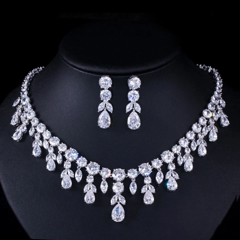 Luxury Copper Zirconia Necklace Earrings For Women Water Drop Pendant Dangle Bridal Wedding Banquet Jewelry Accessory