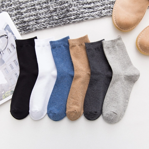 Men Business Mid Calf Socks Combed Cotton Breathable Odor Resistant Solid Color Ribbed Cuff Daily Casual
