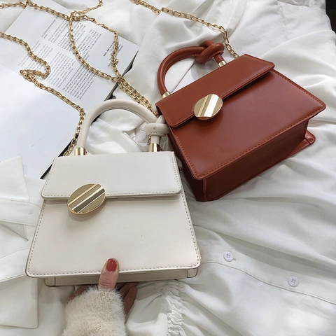Vintage Women PU Leather Shoulder Bag Knotted Handle Round Gold Buckle Chain Crossbody Square Handbag French Style