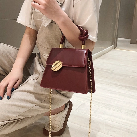 Vintage Women PU Leather Shoulder Bag Knotted Handle Round Gold Buckle Chain Crossbody Square Handbag French Style