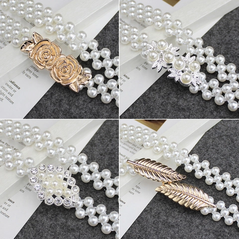 Artificial Pearl Elastic Waist Belt Women Rhinestone Flower Butterfly Buckle Stretch Waist Chain For Dress Decoration Elegant Accessory