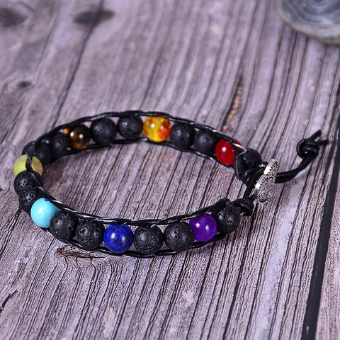 Bracciale Avvolgente Con Perline Pietra Naturale Roccia Vulcanica Occhio Di Tigre Chakra Fatto A Mano Regolabile Pelle Diffusore Oli Essenziali