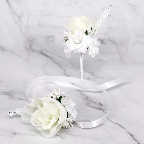 Artificial Rose Boutonniere And Wrist Corsage Satin Flower Ribbon Wedding Groom Bridesmaid Party Hand Flower Decor