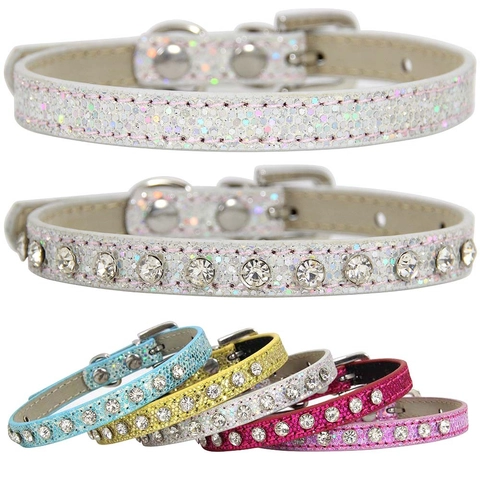 Collare Per Animali Domestici In Pelle PU Glitterata Con Strass Luccicanti Fibbia In Metallo Regolabile Per Gatti E Cani Piccoli
