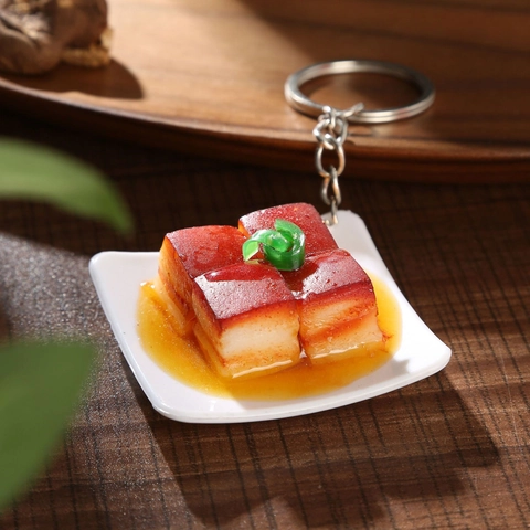 Portachiavi Simulazione Cibo Realistico PVC Resina Miniatura Piatto Cinese Modello Maiale Brasato Abalone Pesce Ornamento