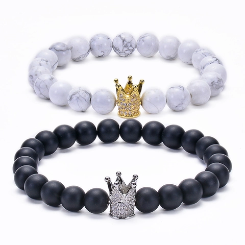 Pulseras De Cuentas De Turquesa Blanca Natural Y Ágata Mate Corona De Cobre Circonita Para Parejas