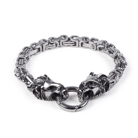 Men Stainless Steel Byzantine Chain Bracelet Dual Lion Head Punk Rock Gothic Biker Jewelry For Men