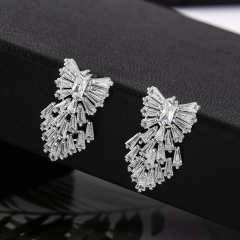 Copper White Gold Plated Stud Earrings For Women With AAA Zircon Butterfly Wing Fan Shape Dangle Tassel Luxury Jewelry