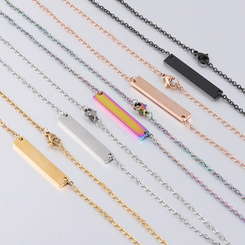 Minimalist Vertical Bar Pendant Necklace Stainless Steel Geometric Rectangular Link Chain Jewelry For Men Women