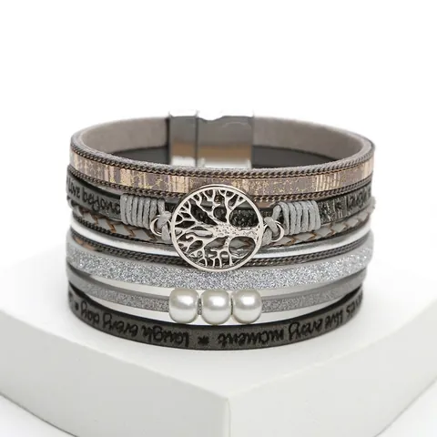 Multilayer Leather Wrap Bracelet With Life Tree Charm Artificial Pearls Bohemian Vintage Cuff Jewelry For Women