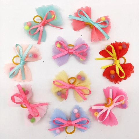 Pet Hair Bows Mesh Gauze Satin Ribbon Plastic Beads Colorful Handmade Puppy Cat Grooming Accessories Valentine Decor