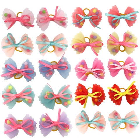 Pet Hair Bows Mesh Gauze Satin Ribbon Plastic Beads Colorful Handmade Puppy Cat Grooming Accessories Valentine Decor