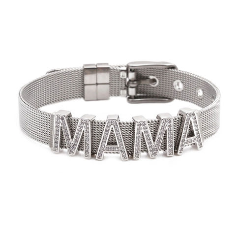 Bracciale a Maglia in Acciaio Inossidabile per Donna Oro Rosa Argento Lettera MAMA Regolabile Intarsiato con Zirconia Gioielli Regalo