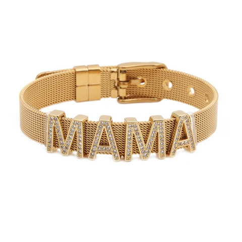 Bracciale a Maglia in Acciaio Inossidabile per Donna Oro Rosa Argento Lettera MAMA Regolabile Intarsiato con Zirconia Gioielli Regalo