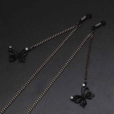 Black Metal Eyeglass Chain With Butterfly Pendant Rhinestone Non-Slip Sunglasses Cord Neck Strap Holder
