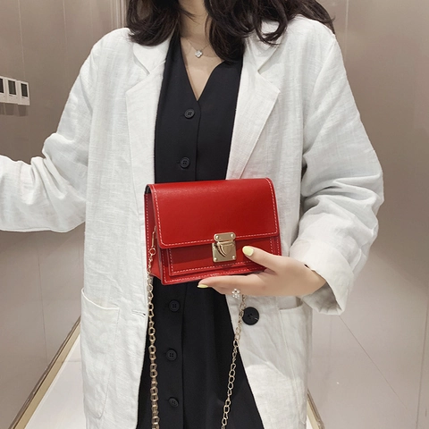 Women Shoulder Crossbody Bag PU Leather Small Square Chain Strap Metal Push Lock Minimalist Fashion Daily Handbag