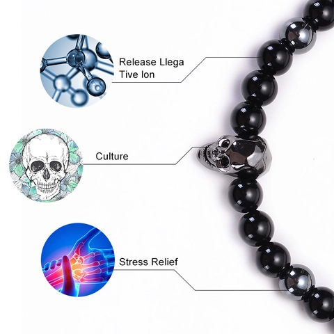 Beaded Bracelet Natural Black Agate Stone Hematite Copper Skull Punk Rock Style Handcrafted Jewelry For Men And Women