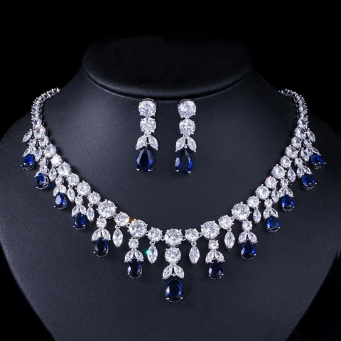Luxury Copper Zirconia Necklace Earrings For Women Water Drop Pendant Dangle Bridal Wedding Banquet Jewelry Accessory