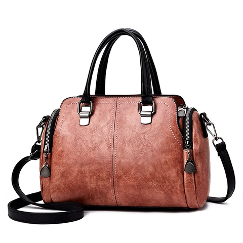 Women Fashion PU Leather Handbag Large Capacity Boston Shoulder Crossbody Bag Textured Retro Soft Top Handle Purse