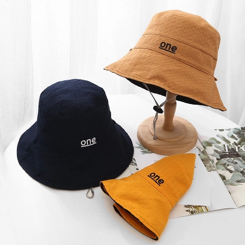 Double Sided Bucket Hat Waffle Cotton Sun Protection Fisherman Hat With Adjustable Wind Rope Letter Embroidery